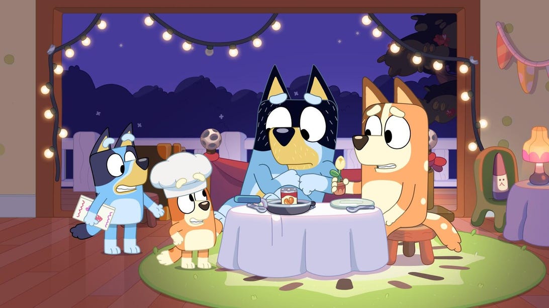 Bluey, Bingo, Bandit, and Chilli in Bluey